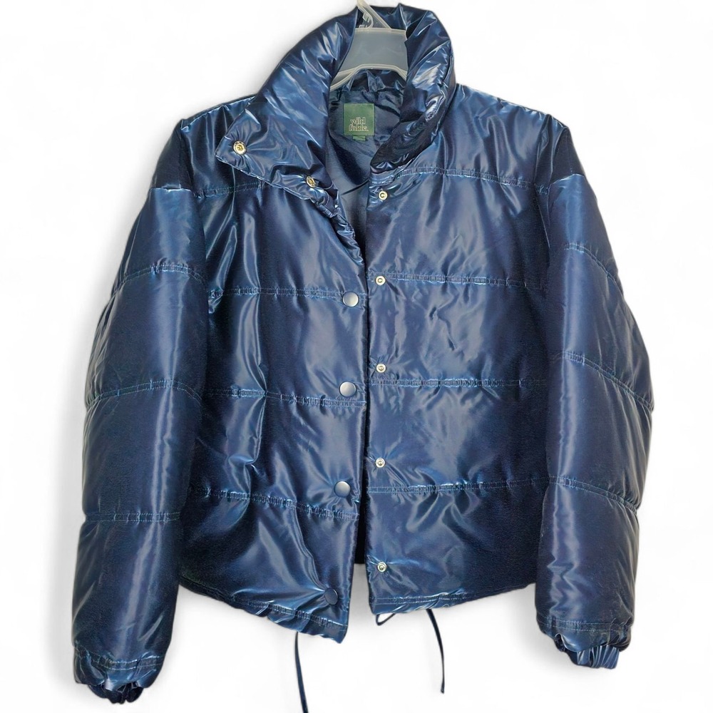 Wild Fable Women's Metallic Blue Puffer Jacket M Liquid Shiny Glazed Crop Y2K